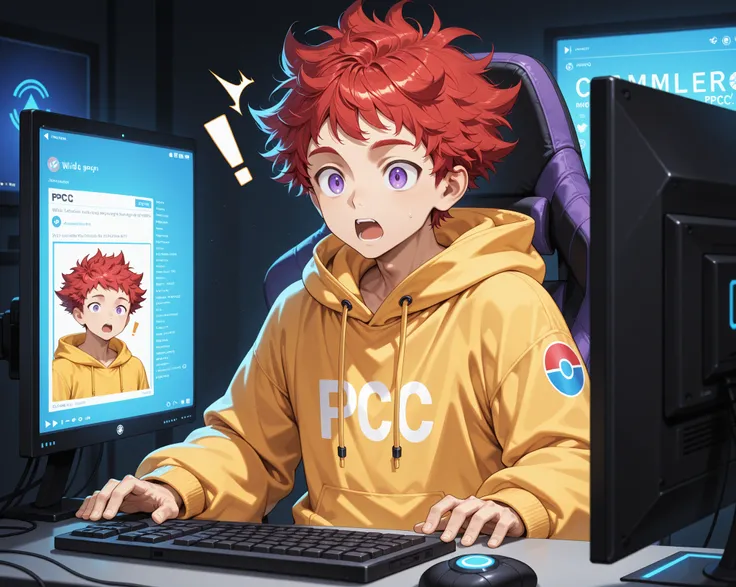 (Rulax: man ,Short hair, wild and messy spiky hair, red hair, purple eyes), male focus, 1man, oversized hoodie, yellow hoodie, surprised face, OPEN EYES, OPEN MOUTH, EXCLAMATION MARK ICON, room with monitors around, pc gamer, gamer seat, nintendo logo on ...