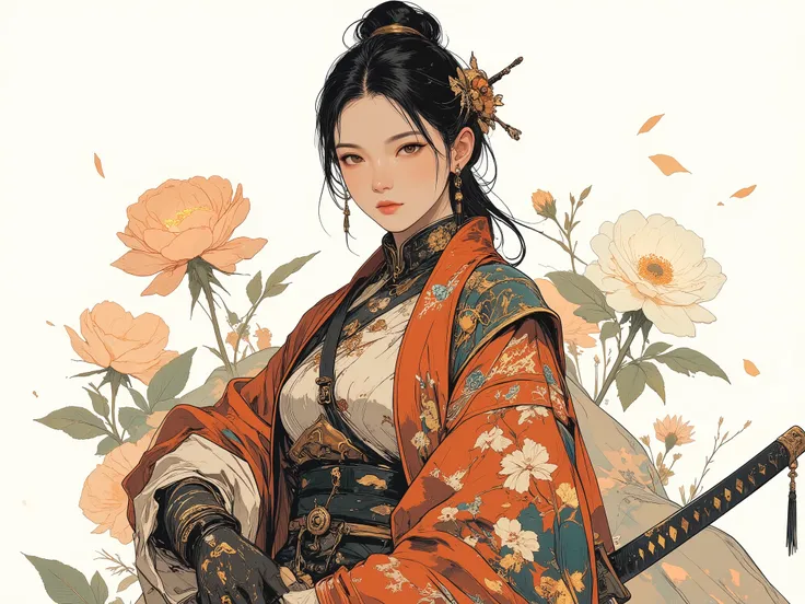 Female figure (ethnicity:east asian, age:1.1), wearing elaborate traditional attire (detailed clothing:1.2), featuring intricate floral patterns (detailed patterns:1.2), and gold accents, (accessories:1.1) holding a katana (detailed weapon:1.2) in a dy...