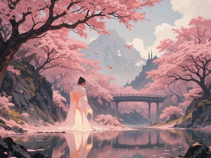 "Fantasy-style (ethereal cherry blossom paradise:1.4), an endless sea of sakura trees stretching as far as the eye can see, their petals glowing softly in pastel shades of pink and white (magical glow:1.3). Floating cherry blossom islands drift gracefully ...