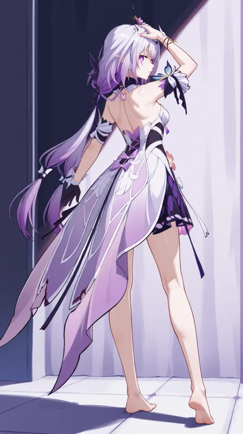 Castorice di honkai Star rail, Standing back turned,  distracted look , While looking back, occhi viola, Lilac hair,  posing sensual , melancholic look, outfit originale, Barefoot , Sensual legs,  sexy long legs , a hand on the head, stile anime,