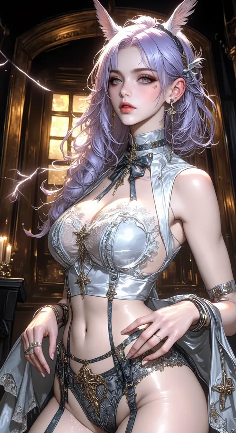 ((((Angel wearing pure white maid clothes)))), ((((Shiny silver accessories)))), ((((In the storm where thunder shines)))), ((((wet and glowing skin)))), (((Purple Hair))), ( backlit), ((Super wet skin)), ((Fluorescent color)), (((In-depth images))), brun...