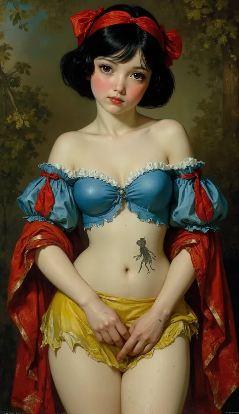 Is Snow White the Prostitute a Goblin Slave、
((NSFW)),
19th Century style,
Full body,
Old photo,
1girl, 7guys,
Early summer in 19th century Switzerland、
Snow White's skin is white as snow、
She has black bob hair with red ribbons、
she wears a blue bodice...