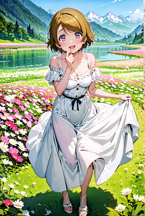  Hanayo Koizumi, short hair, brown hair, purple eyes,Medium breast, White Off Shoulder Dress, white long skirt,Heeled Sandals,standing,smile,cover,opens her mouth,noon,Flower Field,Mountain,river,nature,full bodyがillustrationsに入るように,break outdoors,nature,,...