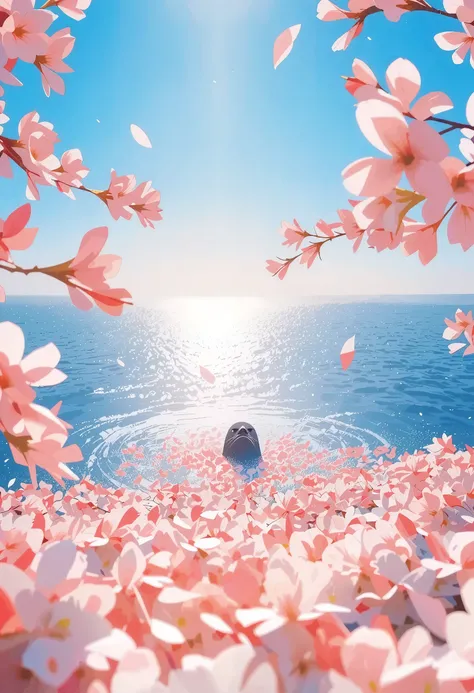 ultra detailed, absolutely resolution, masterpiece, countless scattered cherry blossom petals cover and float on the surface of the huge ocean, a seal peeks out from between the petals, the sun shines gently, the scenery is calm, highly detailed, sharp foc...