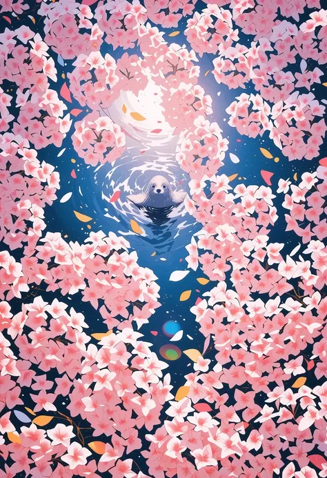 ultra detailed, absolutely resolution, masterpiece, countless scattered cherry blossom petals cover and float on the surface of the huge ocean, a seal peeks out from between the petals, the sun shines gently, the scenery is calm, highly detailed, sharp foc...
