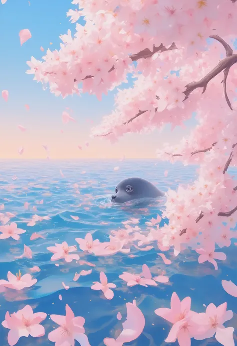 ultra detailed, absolutely resolution, masterpiece, countless scattered cherry blossom petals cover and float on the surface of the huge ocean, a seal peeks out from between the petals, the sun shines gently, the scenery is calm, highly detailed, sharp foc...