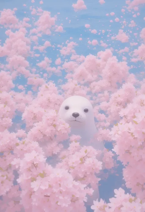 ultra detailed, absolutely resolution, masterpiece, countless scattered cherry blossom petals cover and float on the surface of the huge ocean, a seal peeks out from between the petals, the sun shines gently, the scenery is calm, highly detailed, sharp foc...