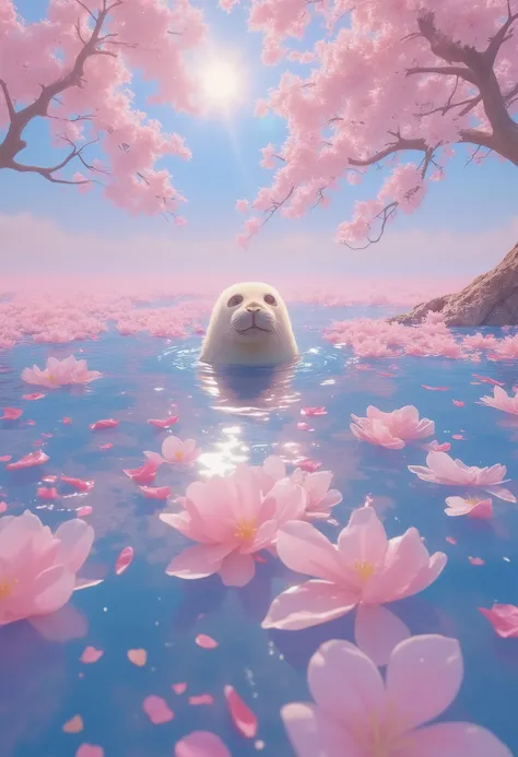 ultra detailed, absolutely resolution, masterpiece, countless scattered cherry blossom petals cover and float on the surface of the huge ocean, a seal peeks out from between the petals, the sun shines gently, the scenery is calm, highly detailed, sharp foc...