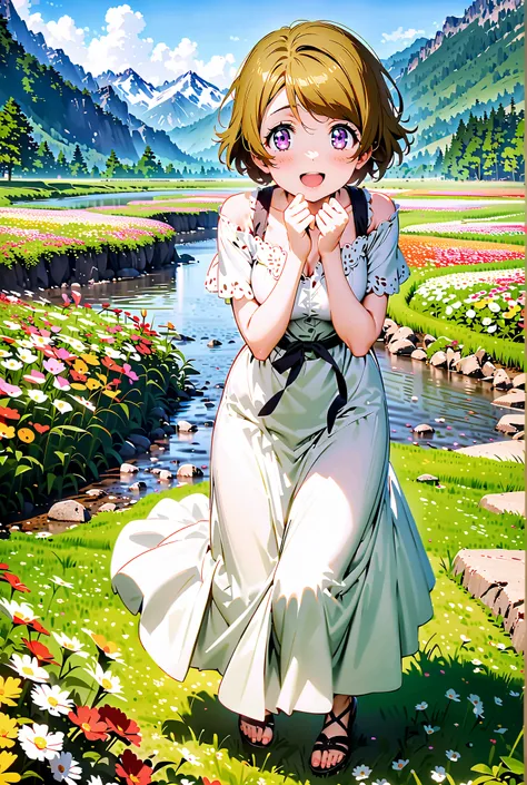  Hanayo Koizumi, short hair, brown hair, purple eyes,Medium breast, White Off Shoulder Dress, white long skirt,Heeled Sandals,standing,smile,cover,opens her mouth,noon,Flower Field,Mountain,river,nature,full bodyがillustrationsに入るように,break outdoors,nature,,...
