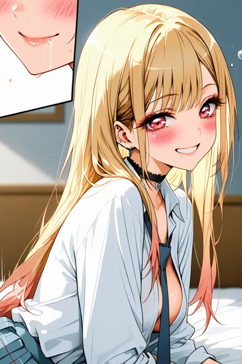 marin_kitagawa,
front,from side,from behind, (upper body:1.2),
1 girl,solo,pretty,18years old,look at viewer,

ly on the bed,sleep together,
scratched hair,big smile,

blonde,long hair,side part bang,
cut bangs,colored inner hair,

red eyes,beautiful eyes,...