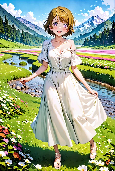  Hanayo Koizumi, short hair, brown hair, purple eyes,Medium breast, White Off Shoulder Dress, white long skirt,Heeled Sandals,standing,smile,cover,opens her mouth,noon,Flower Field,Mountain,river,nature,full bodyがillustrationsに入るように,break outdoors,nature,,...