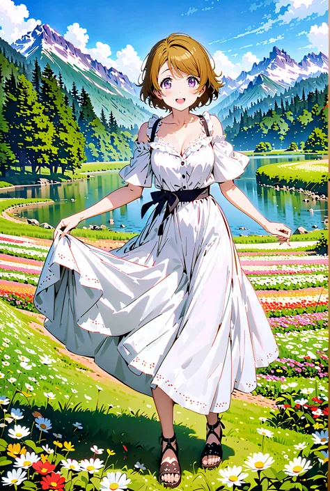  Hanayo Koizumi, short hair, brown hair, purple eyes,Medium breast, White Off Shoulder Dress, white long skirt,Heeled Sandals,standing,smile,cover,opens her mouth,noon,Flower Field,Mountain,river,nature,full bodyがillustrationsに入るように,break outdoors,nature,,...