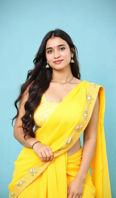 The image shows a person with long brunette wavy hair wearing traditional Indian attire. The outfit consists of a yellow blouse with intricate patterns and a matching yellow skirt. The blouse has a square neckline and short sleeves. The skirt is pleated an...