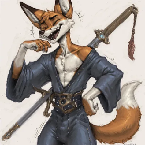 male, eyes closed, laughing, slim, short hair,
big ears, long snout, ChosenofTzeentch, anthro, orange fox