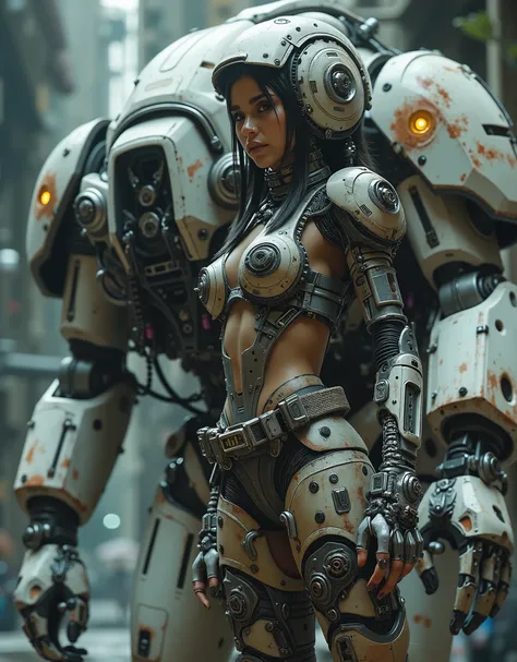 cinematographic photograph using rule of thirds and composition in planes Photo 3/ 4 takes over the entire body  , of a beautiful and very sexy young Mexican woman of incomparable Latin beauty , top model, tattooed, Storm Trooper from Starwars in the battl...