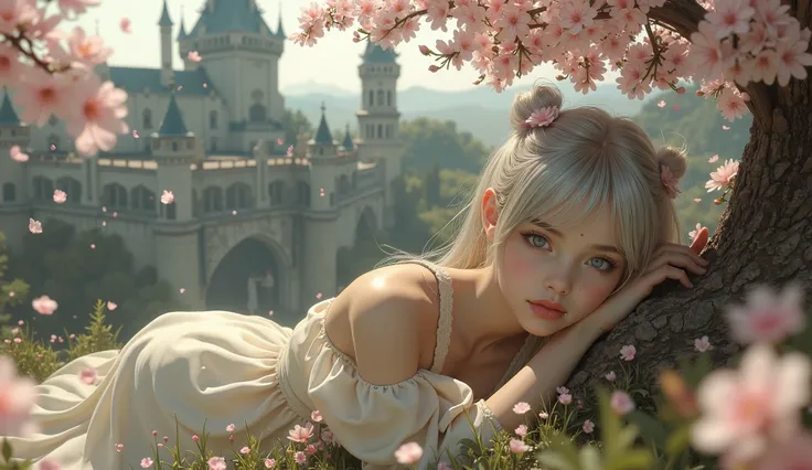 ((Girl lying in an old castle park with cherry blossoms in full bloom))、(of the best quality、masterpiece:1。 high resolution、real、front light、Exquisite Details、exquisite detail and texture、1 personの少女、1 person、( young)、Face Highlights、upper body、Detailed Fa...