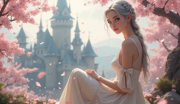 ((Woman sitting in an old castle park with cherry blossoms in full bloom))、(of the best quality、masterpiece:1。 high resolution、real、front light、Exquisite Details、exquisite detail and texture、1 personの少女、1 person、( young)、Face Highlights、upper body、Detailed...