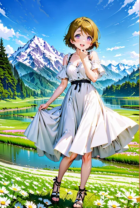 Hanayo Koizumi, short hair, brown hair, purple eyes,Medium breast, White Off Shoulder Dress, white long skirt,Heeled Sandals,standing,smile,cover,opens her mouth,noon,Flower Field,Mountain,river,nature,full bodyがillustrationsに入るように,break outdoors,nature,,...