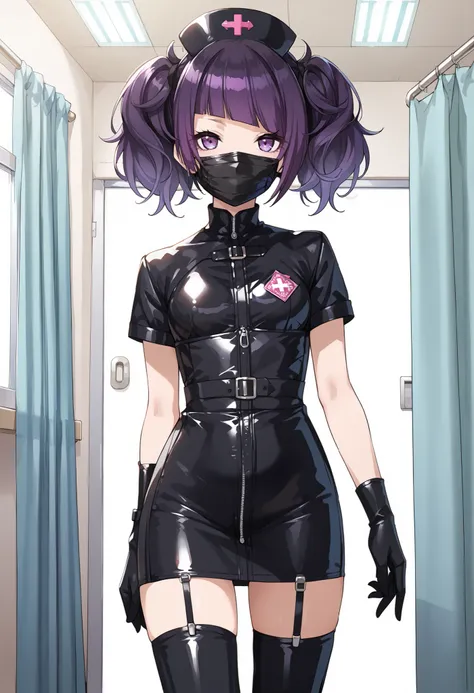 Score_9, score_8_up, score_7_up, source_anime, tnkmmm, solo, purple hair, short twintails, blunt bangs, diagonal bangs, purple eyes, medium breasts, small breasts, enamel leather dark nurse, latex dress, black latex gloves, black latex legwear, latex, late...