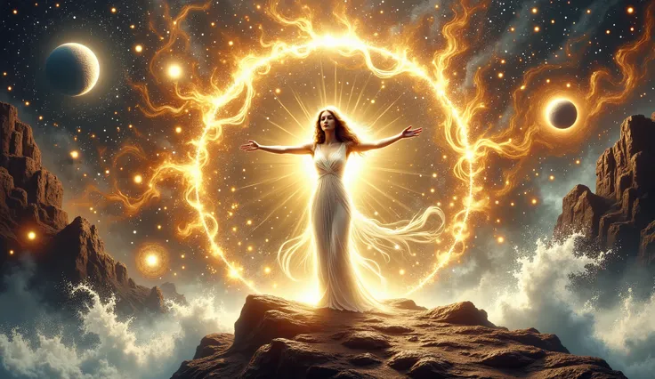a painting of a woman standing on a rock near the ocean, goddess of light, sun goddess, as the sun goddess, Sam Guay, radiating golden light , Inspired by Donato Giancola, golden ethereal light , Alberto Lynch, Donato Giancola's style, by Donato Giancola...