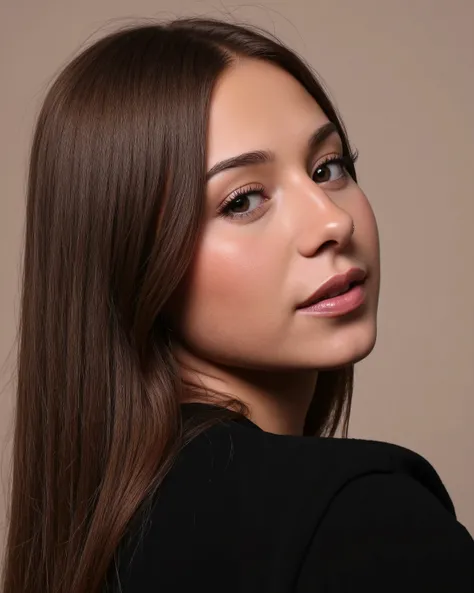 hyper realistic, aqheodd, realistic style, a woman with long hair and black shirt, face of a 25 year old woman, triangular face with slightly highlighted maximum, young face without expression marks, delicate face, princess face, girl, alone, long hair, fl...