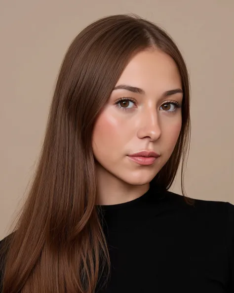 hyper realistic, aqheodd, realistic style, a woman with long hair and black shirt, face of a 25 year old woman, triangular face with slightly highlighted maximum, young face without expression marks, delicate face, princess face, girl, alone, long hair, fl...