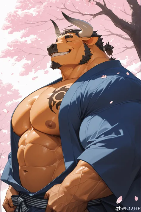 solo, old man, FURRY BULL, chest tattoo, muscular man wearing kimono, open kimono, side view, looking cherry blossoms fall, huge tree in backgrond, in under Cherry Blossom tree, Cherry Blossom flower, (foreground cherry blossoms fall), smile, happy, windy,...