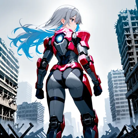 Depict a small woman Gray Hair long hair See the abandoned city from the top Collapse back view Futuristic clothes robot armor suit grow back view a high gray sky Ashes are scattered