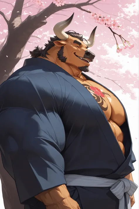 solo, old man, FURRY BULL, chest tattoo, massive muscular man wearing kimono, open kimono, side view, looking cherry blossoms fall, huge tree in backgrond, in under Cherry Blossom tree, Cherry Blossom flower, (huge pectoral, thick arms, wide pectoral, larg...