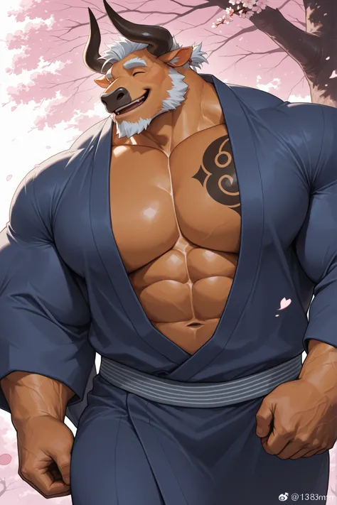 solo, old man, FURRY BULL, chest tattoo, muscular man wearing kimono, open kimono, side view, looking cherry blossoms fall, huge tree in backgrond, in under Cherry Blossom tree, Cherry Blossom flower, (foreground cherry blossoms fall), smile, happy, windy,...