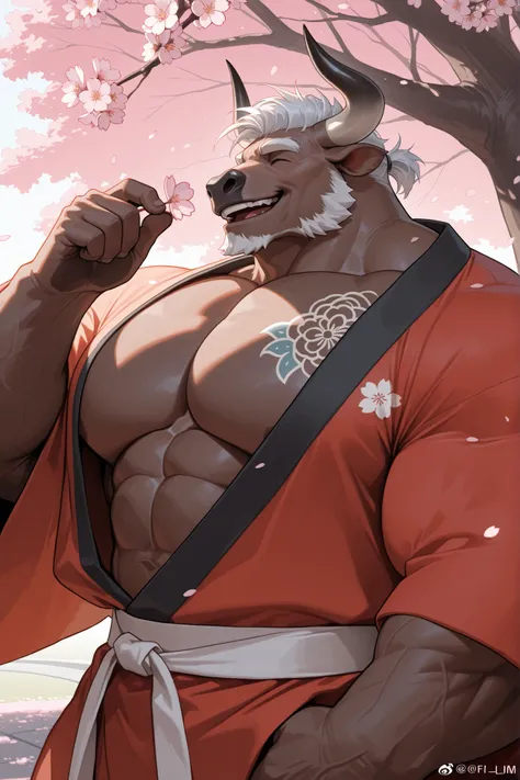 solo, old man, FURRY BULL, chest tattoo, muscular man wearing kimono, open kimono, side view, looking cherry blossoms fall, huge tree in backgrond, in under Cherry Blossom tree, Cherry Blossom flower, (foreground cherry blossoms fall), smile, happy, windy,...