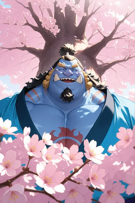 solo, old man, chubby, jinbe, chest tattoo, muscular man wearing kimono, looking cherry blossoms fall, huge tree in backgrond, beard, mustache, old, in under Cherry Blossom tree, Cherry Blossom flower, (foreground cherry blossoms fall), smile, happy, windy...