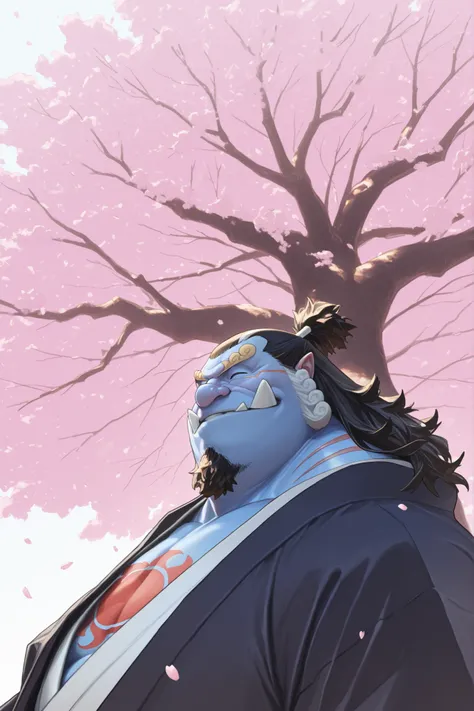solo, old man, chubby, jinbe, chest tattoo, muscular man wearing kimono, looking cherry blossoms fall, huge tree in backgrond, beard, mustache, old, in under Cherry Blossom tree, Cherry Blossom flower, (foreground cherry blossoms fall), smile, happy, windy...