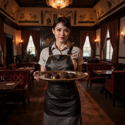 Full-body portrait of a young chocolatière in a 1930s art deco cinema lounge, grainy Kodak Gold 200 film, soft, diffused lighting. She stands gracefully, presenting a brass tray of handcrafted chocolates (mirror-glazed bonbons, cocoa-dusted truffles, gold-...