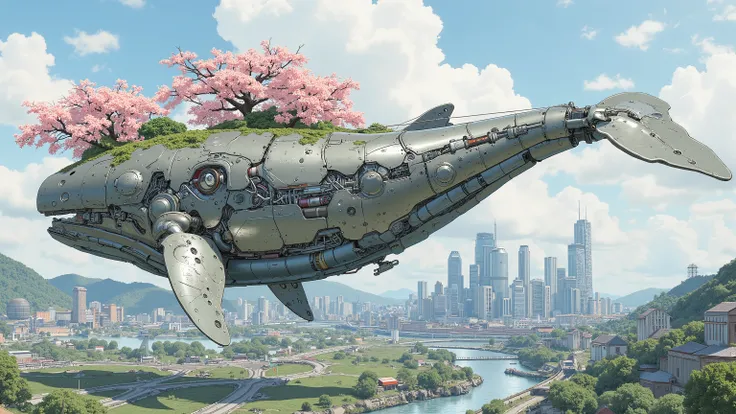 (masterpiece:1.3, top quality:1.3, detailed description:1.3, high quality:1.3),(1huge Robot whale\Metal body, trees of cherry blossom on the whale's back, Beautiful luster, beautiful metal details, precision machinery, moss growing, There are buildings and...