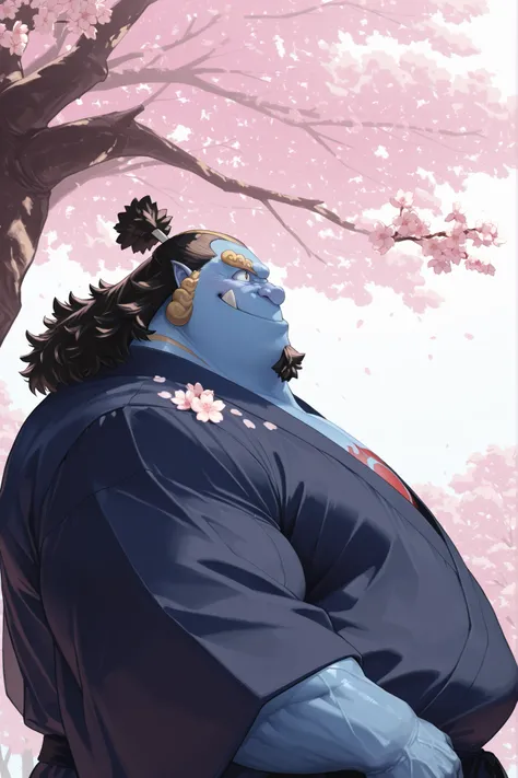 solo, chubby, jinbe, chest tattoo, muscular man wearing kimono, side view, looking cherry blossoms fall, huge tree in backgrond, in under Cherry Blossom tree, Cherry Blossom flower, (foreground cherry blossoms fall), smile, happy, windy, open eyes, detaile...