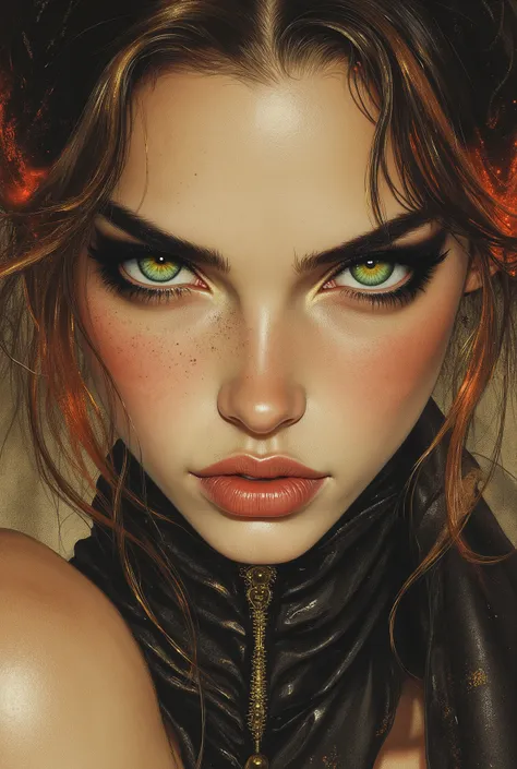 Ghotic cybergirl, retrato facial , full upper body photo shot, eyes green, seriously, hair color dark brown with golden orange blonde highlights, (medium shot:1.37), portrait of a woman, the same mouth and nose, beautiful dark green eyes, few strands of ha...