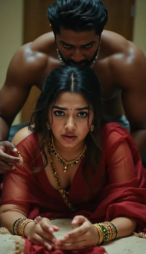 Kriti  in completely sweaty hairs, in a traditional attire, wearing a deep red messed up elegant saree, no blouse piece and intricate jewelry glass green bangles and a red small bindi between her eyebrow's lady wearing a thin an long necklace is made of go...