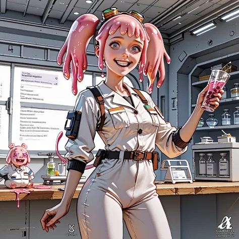 score_9, score_8_up, score_7_up, pink female slime alien (pink alien) , scientist, wear goggles, slime hair is in pig tails. Short, slim thicc. (She has a smile because she is excited about an upcoming experiment) (wearing a jump suit)
She is in her lab...