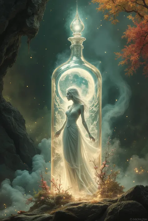 An ultra beautiful thin tall moon goddess (((woman))) trapped inside a beautiful intrecate etched tall thin somewhat thin extremely elegant glass odd shaped bottle, pressing on the inside of the glass bottle to get out, wearing a white transluscent gown, w...