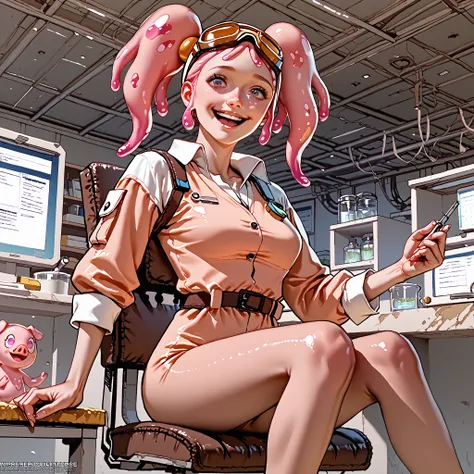 score_9, score_8_up, score_7_up, pink female slime alien (pink alien) , scientist, wear goggles, slime hair is in pig tails. Short, slim thicc. (She has a smile because she is excited about an upcoming experiment) (wearing a jump suit)
She is in her lab...