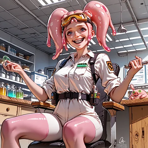score_9, score_8_up, score_7_up, pink female slime alien (pink alien) , scientist, wear goggles, slime hair is in pig tails. Short, slim thicc. (She has a smile because she is excited about an upcoming experiment) (wearing a jump suit)
She is in her lab...