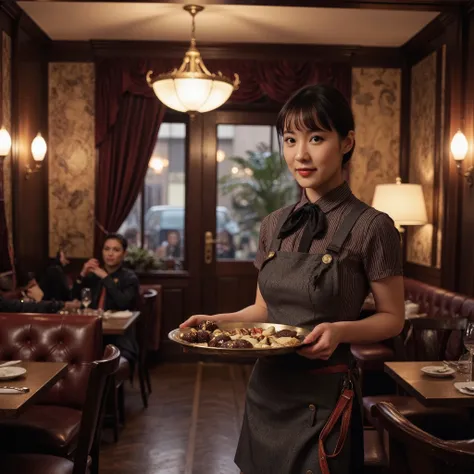 Full-body portrait of a young chocolatière in a 1930s art deco cinema lounge, grainy Kodak Gold 200 film, soft, diffused lighting. She stands gracefully, presenting a brass tray of handcrafted chocolates (mirror-glazed bonbons, cocoa-dusted truffles, gold-...