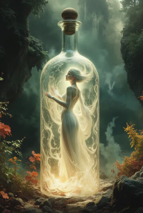 An ultra beautiful thin tall moon goddess (((woman))) trapped inside a beautiful intrecate etched tall thin somewhat thin extremely elegant glass odd shaped bottle, pressing on the inside of the glass bottle to get out, wearing a white transluscent gown, w...