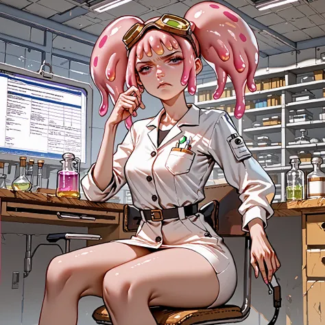 score_9, score_8_up, score_7_up, pink female slime alien (pink alien) , scientist, wear goggles, slime hair is in pig tails. Short, slim thicc. (She grumpy, the experiments did not work) (wearing a jump suit) ((zoom in on her face))
She is in her laborat...
