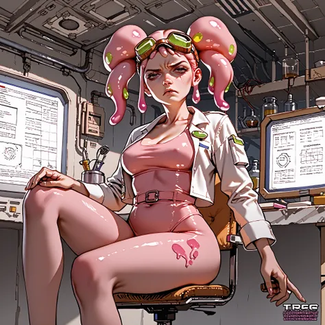 score_9, score_8_up, score_7_up, pink female slime alien (pink alien) , scientist, wear goggles, slime hair is in pig tails. Short, slim thicc. (She grumpy, the experiments did not work) (wearing a jump suit) ((zoom in on her face))
She is in her laborat...