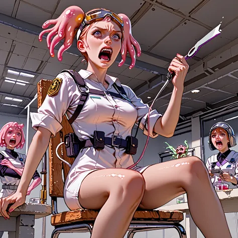 score_9, score_8_up, score_7_up, pink female slime alien (pink alien) , scientist, wear goggles, slime hair is in pig tails. Short, slim thicc. (She yelling for a guard to remove a problem) (wearing a jump suit)  ((zoom in on her face))

She is in her labo...