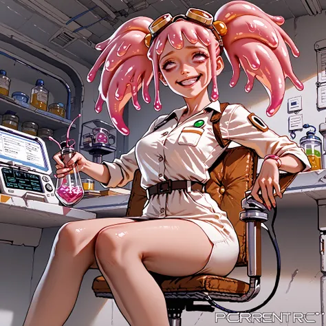score_9, score_8_up, score_7_up, pink female slime alien (pink alien) , scientist, wear goggles, slime hair is in pig tails. Short, slim thicc. (She is smiling, rolling her eyes) (being a brat) (wearing a jump suit) ((zoom in on her face))
She is in her ...