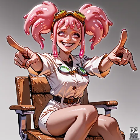 score_9, score_8_up, score_7_up, pink female slime alien (pink alien) , scientist, wear goggles, slime hair is in pig tails. Short, slim thicc. (She is smiling, rolling her eyes, pointing at viewer) (being a brat) (wearing a jump suit) ((zoom in on her fa...