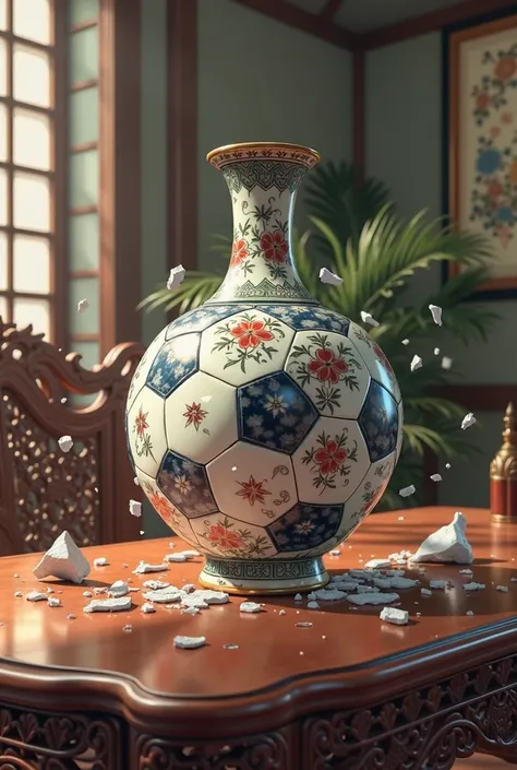 Broken vase because of a soccer ball anime-style cartoon style